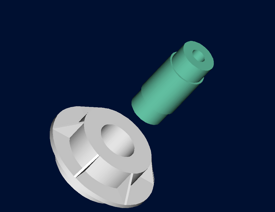 CAD model showing the trunnion in its contracted state sliding through the hub.