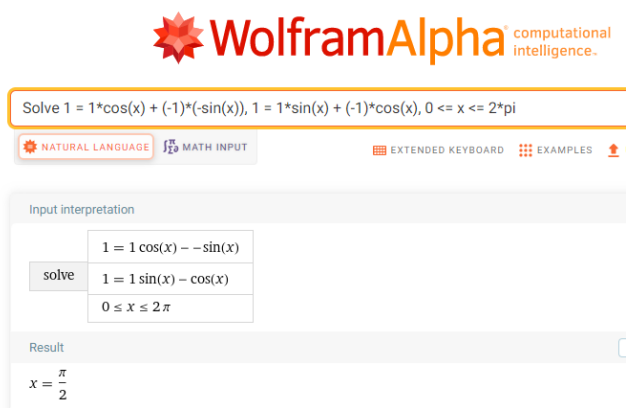 This screenshot from WolframAlpha shows how many degrees [[1][-1]] was rotated to get [[1],[1]]. To do this we input Solve 1 = 1*cos(x) + (-1)*(-sin(x)), 1 = 1*sin(x) + (-1)*cos(x), 0 <= x <= 2*pi. The result is pi over 2.