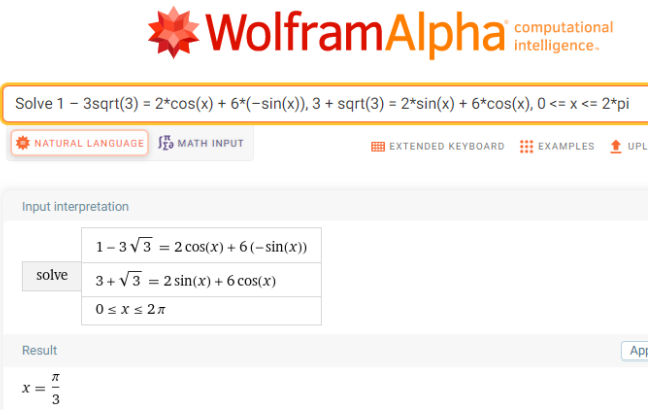 This screenshot from WolframAlpha shows how many degrees [2,6] was rotated to  [1 –  (3 multiplied by square root of 3)],[3 + square root of 3]. To do this, we input Solve 1 – 3sqrt(3) = 2*cos(x) + 6*(–sin(x)), 3 + sqrt(3) = 2*sin(x) + 6*cos(x), 0 <= x <= 2*pi. The result is pi over 3.