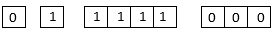 Diagram for the 9-bit binary representation given in this example, filled in with 0 for the sign of the number, 1 for the sign of the exponent, 1111 for the exponent magnitude, and 000 for the mantissa magnitude.