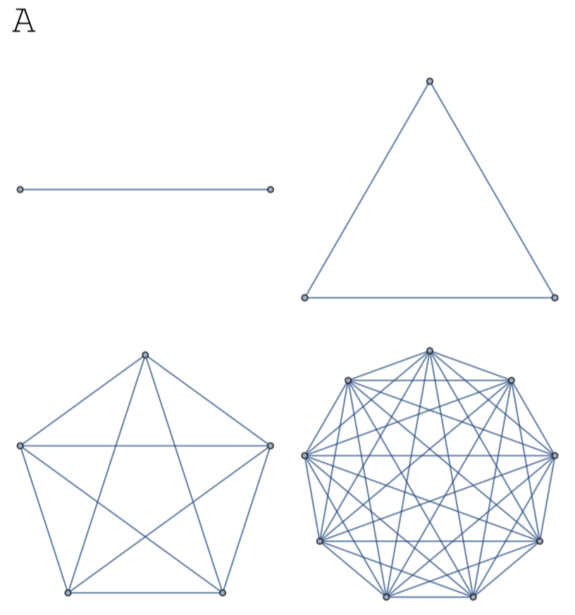Complete graphs. One has two vertices, one has 3 vertices, one has 5 vertices, and the last one has 9 vertices